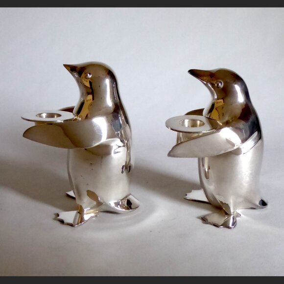 NEW VINTAGE 6” RESTORATION HARDWARE SILVER PLATE PENGUIN CANDLE HOLDER SET - Picture 8 of 11